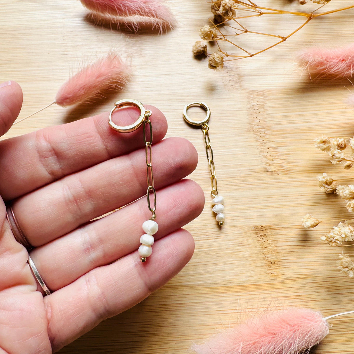 Pearl Earrings, Huggie Hoop Earrings, Geometric Brass Earrings, Best Friend Birthday Gift, Boho Earrings for Wedding, Sweet 16 Gift