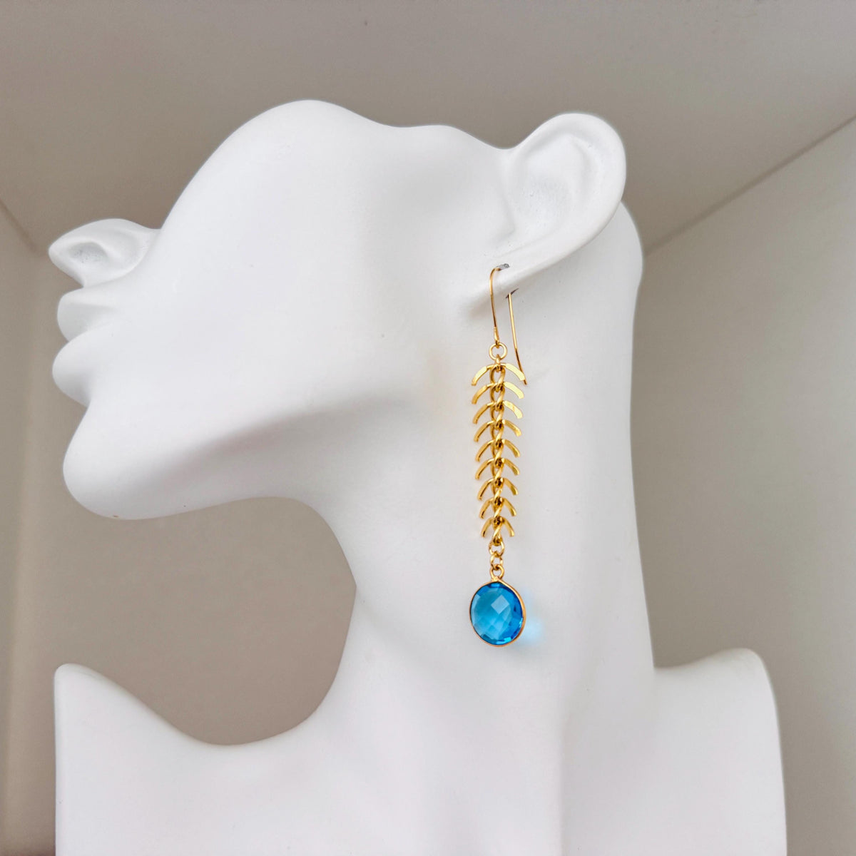 Topaz Earrings, Fishbone Chain Earrings, Quartz Earrings, Witchy Gifts for Best Friend, Geometric Brass Earrings, Unique Gifts for Daughter