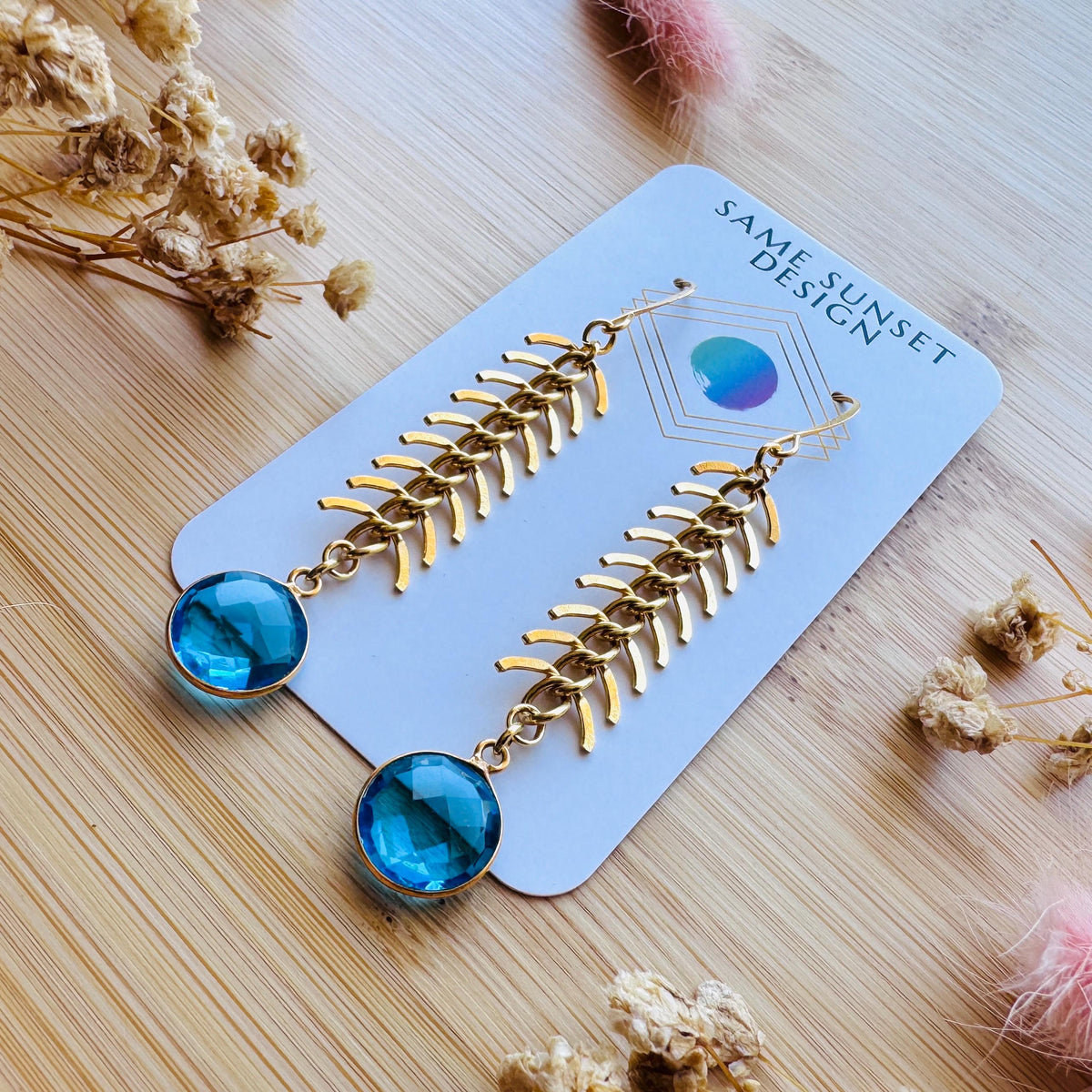 Topaz Earrings, Fishbone Chain Earrings, Quartz Earrings, Witchy Gifts for Best Friend, Geometric Brass Earrings, Unique Gifts for Daughter