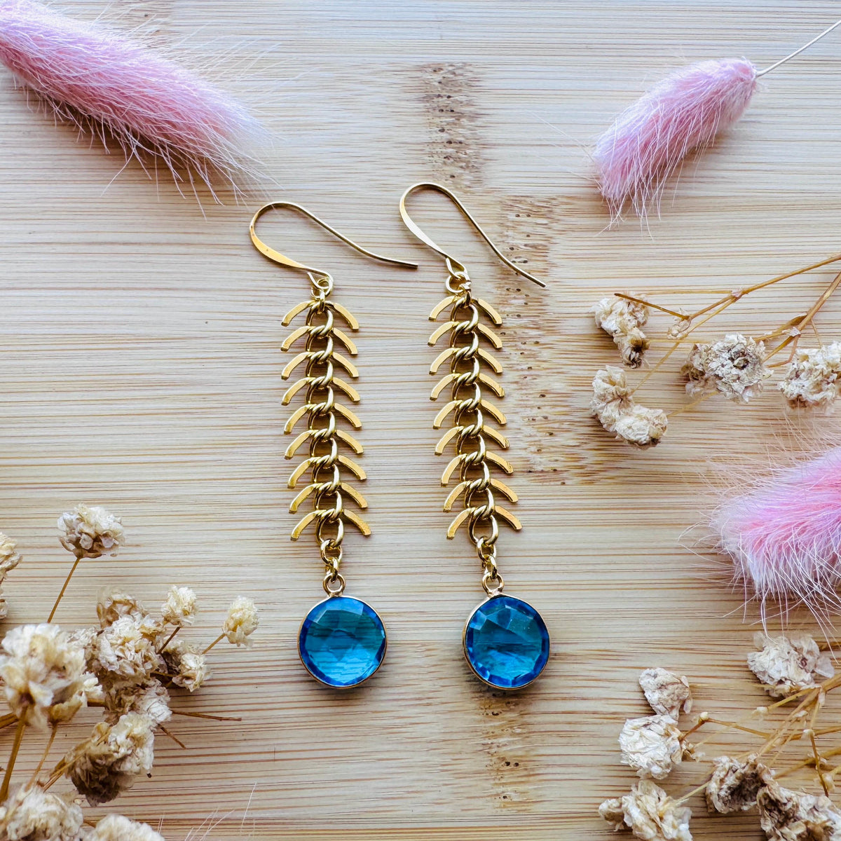 Topaz Earrings, Fishbone Chain Earrings, Quartz Earrings, Witchy Gifts for Best Friend, Geometric Brass Earrings, Unique Gifts for Daughter