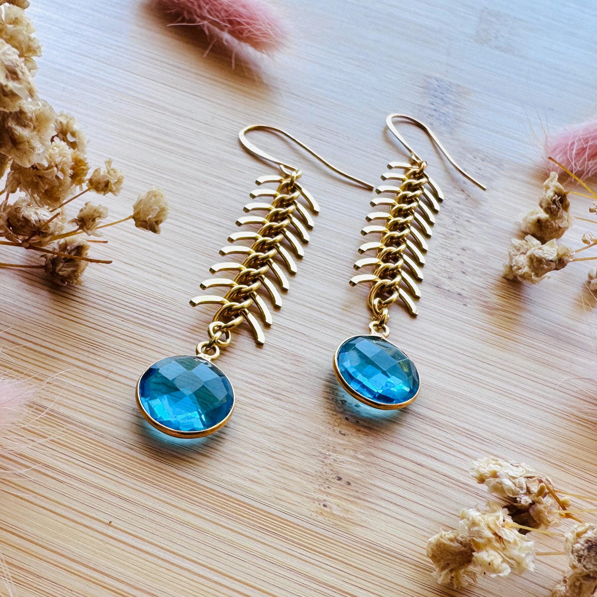 Topaz Earrings, Fishbone Chain Earrings, Quartz Earrings, Witchy Gifts for Best Friend, Geometric Brass Earrings, Unique Gifts for Daughter
