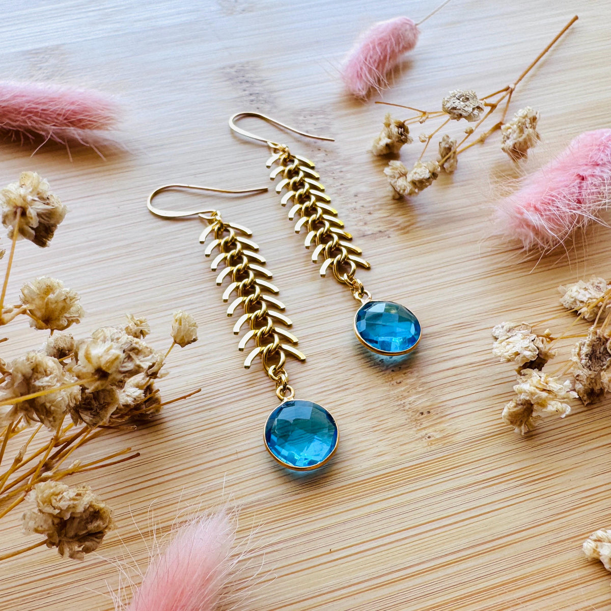Topaz Earrings, Fishbone Chain Earrings, Quartz Earrings, Witchy Gifts for Best Friend, Geometric Brass Earrings, Unique Gifts for Daughter