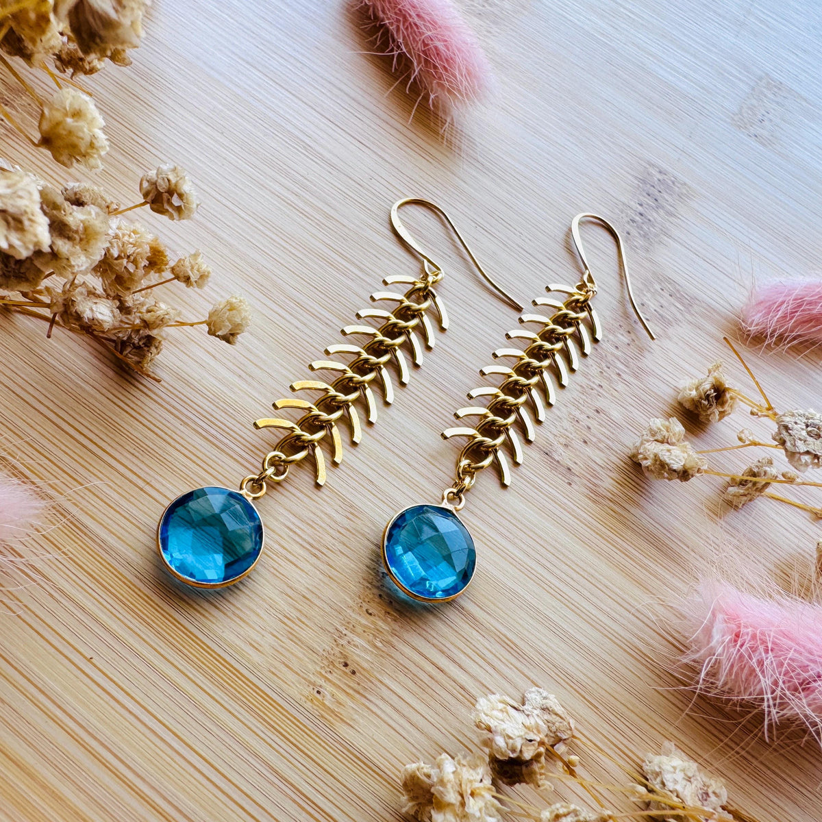 Topaz Earrings, Fishbone Chain Earrings, Quartz Earrings, Witchy Gifts for Best Friend, Geometric Brass Earrings, Unique Gifts for Daughter