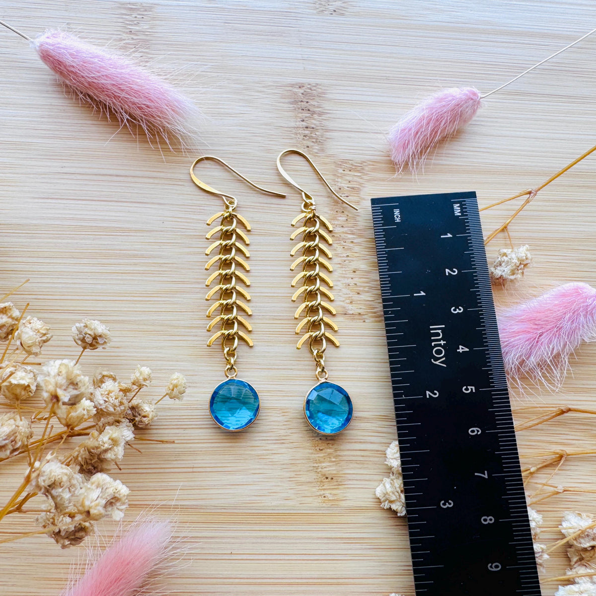 Topaz Earrings, Fishbone Chain Earrings, Quartz Earrings, Witchy Gifts for Best Friend, Geometric Brass Earrings, Unique Gifts for Daughter