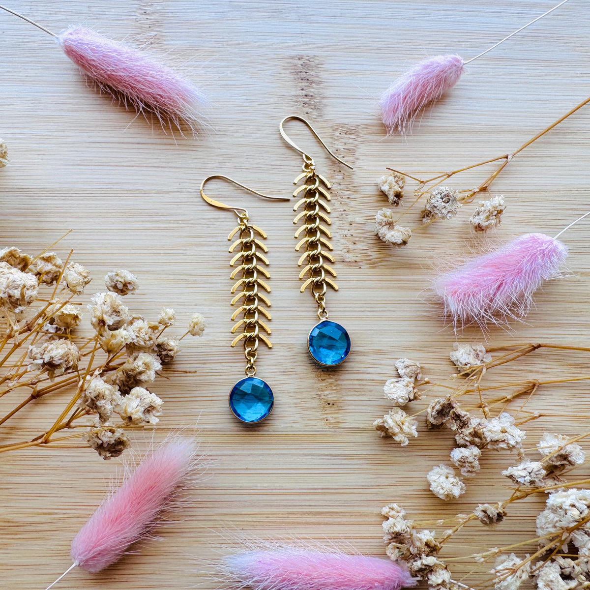 Topaz Earrings, Fishbone Chain Earrings, Quartz Earrings, Witchy Gifts for Best Friend, Geometric Brass Earrings, Unique Gifts for Daughter