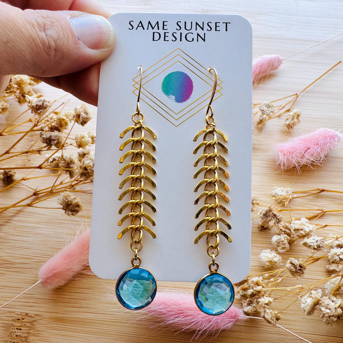Topaz Earrings, Fishbone Chain Earrings, Quartz Earrings, Witchy Gifts for Best Friend, Geometric Brass Earrings, Unique Gifts for Daughter