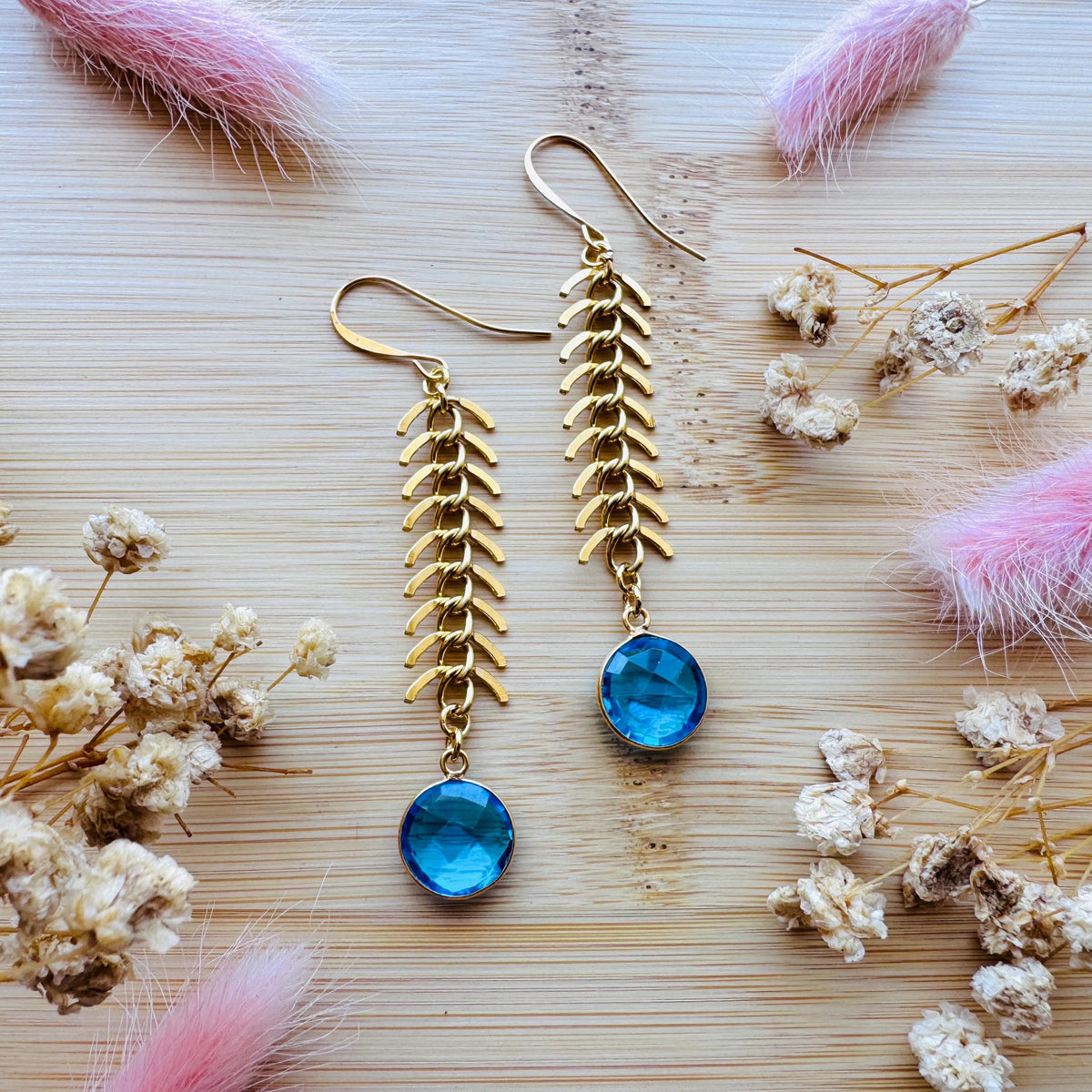 Topaz Earrings, Fishbone Chain Earrings, Quartz Earrings, Witchy Gifts for Best Friend, Geometric Brass Earrings, Unique Gifts for Daughter