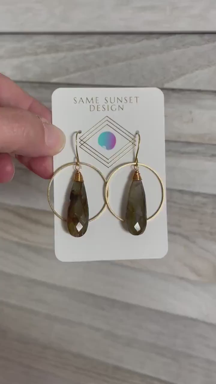 Labradorite Hoop Earrings, Boho Earrings for Wedding, Witchy Jewelry for Women, Birthday Gift for Daughter, Western Earrings Gold