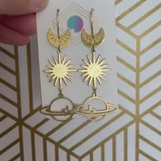Saturn Earrings, Crescent Moon Earrings Gold, Witchy Earrings, Science Teacher Gifts, Nerdy Jewelry, Stocking Stuffers for Mom, Best Gift