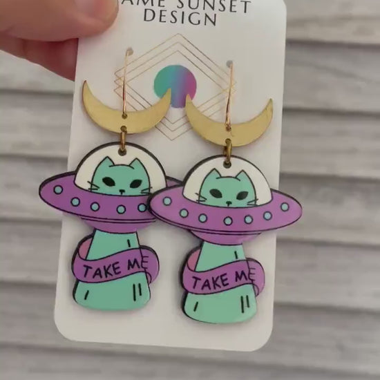 UFO Earrings, Alien Earrings, Cat Earrings, Crescent Moon Earrings, Witchy Earrings, Pastel Goth, Unique Gifts for Teenage Girls, Fun Gifts