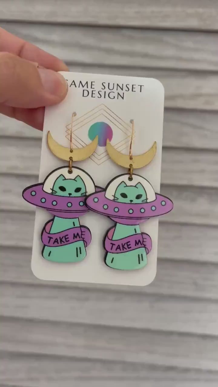 UFO Earrings, Alien Earrings, Cat Earrings, Crescent Moon Earrings, Witchy Earrings, Pastel Goth, Unique Gifts for Teenage Girls, Fun Gifts