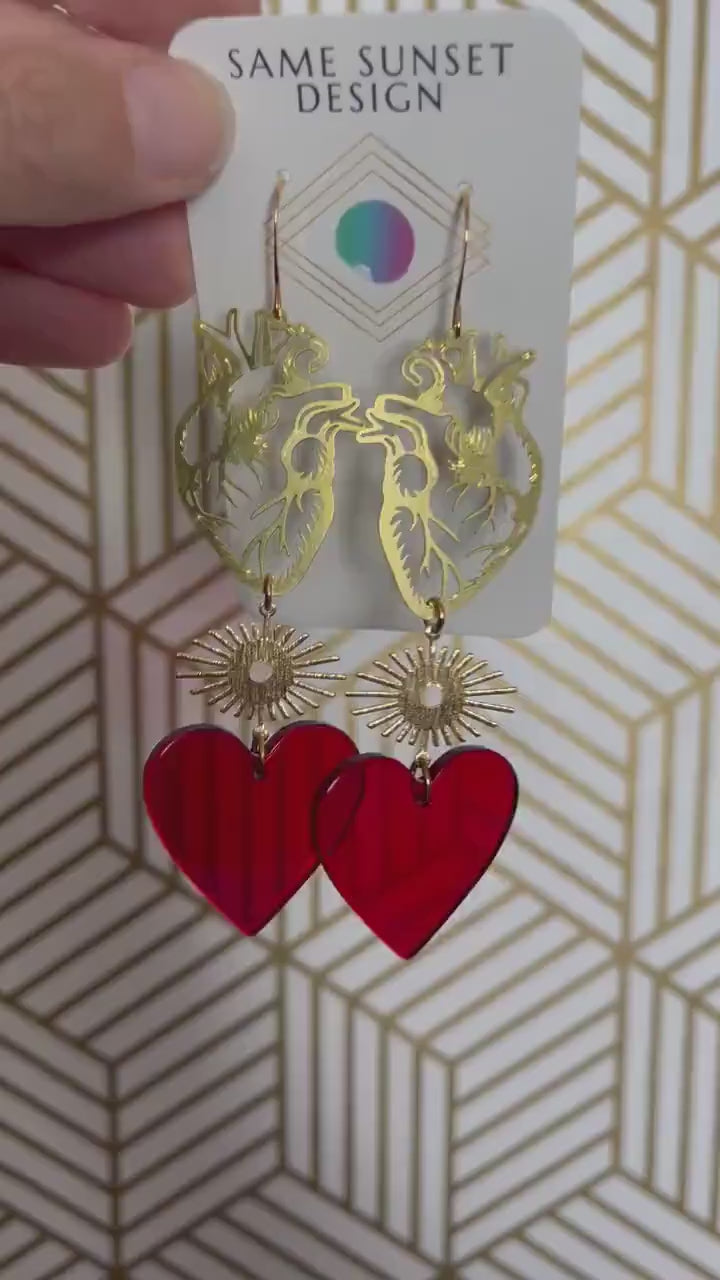 Anatomical Heart Earrings Gold, Goth Heart Earrings, Witchy Earrings, Punk Jewelry, Halloween Gift for Women, Stocking Stuffers for Mom