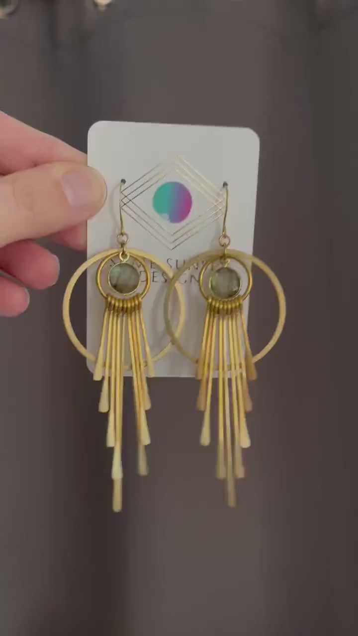Labradorite Hoop Earrings, Fringe Earrings, Brass Hoop Earrings, Witchy Jewelry for Women, Birthday Gift for Daughter, Best Gift for Mom