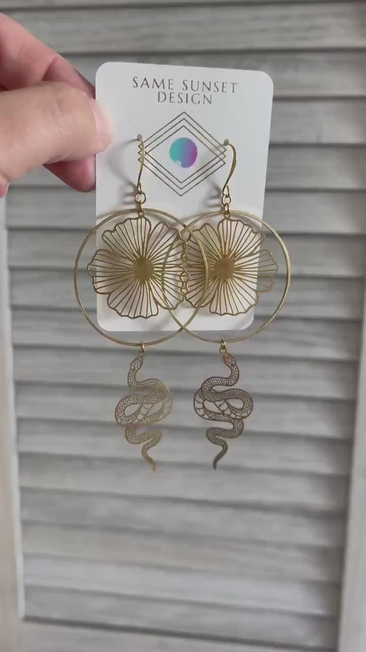Snake Earrings Dangle, Serpent Jewelry, Flower Earrings for Wedding Day, Trendy Jewelry for Teens, Witchy Earrings, Festival Jewelry, Boho