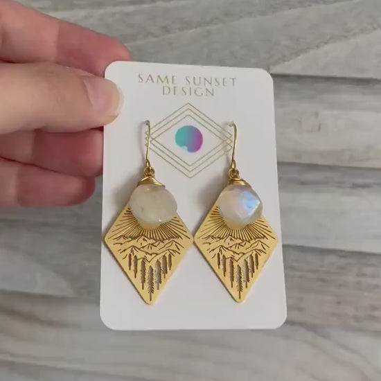 Moonstone Earrings Dangle, Mountain Earrings, Witchy Earrings, Nature Lover Gift, Wanderlust Jewelry, Best Friend Birthday Gifts for Her