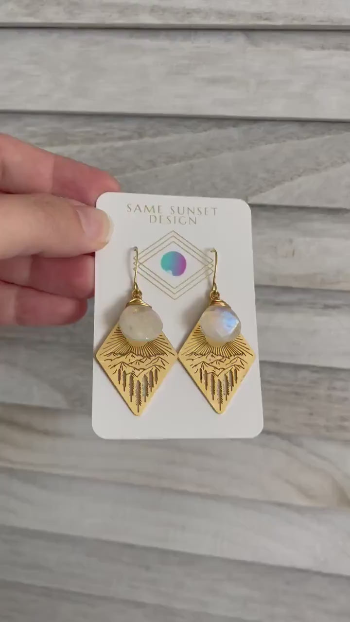 Moonstone Earrings Dangle, Mountain Earrings, Witchy Earrings, Nature Lover Gift, Wanderlust Jewelry, Best Friend Birthday Gifts for Her