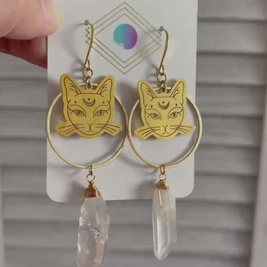 Cat Earrings, Quartz Hoop Earrings, Witchy Earrings, Witchy Gifts for Women, Best Gifts for Aunt, Unique Birthday Gift for Sister in Law