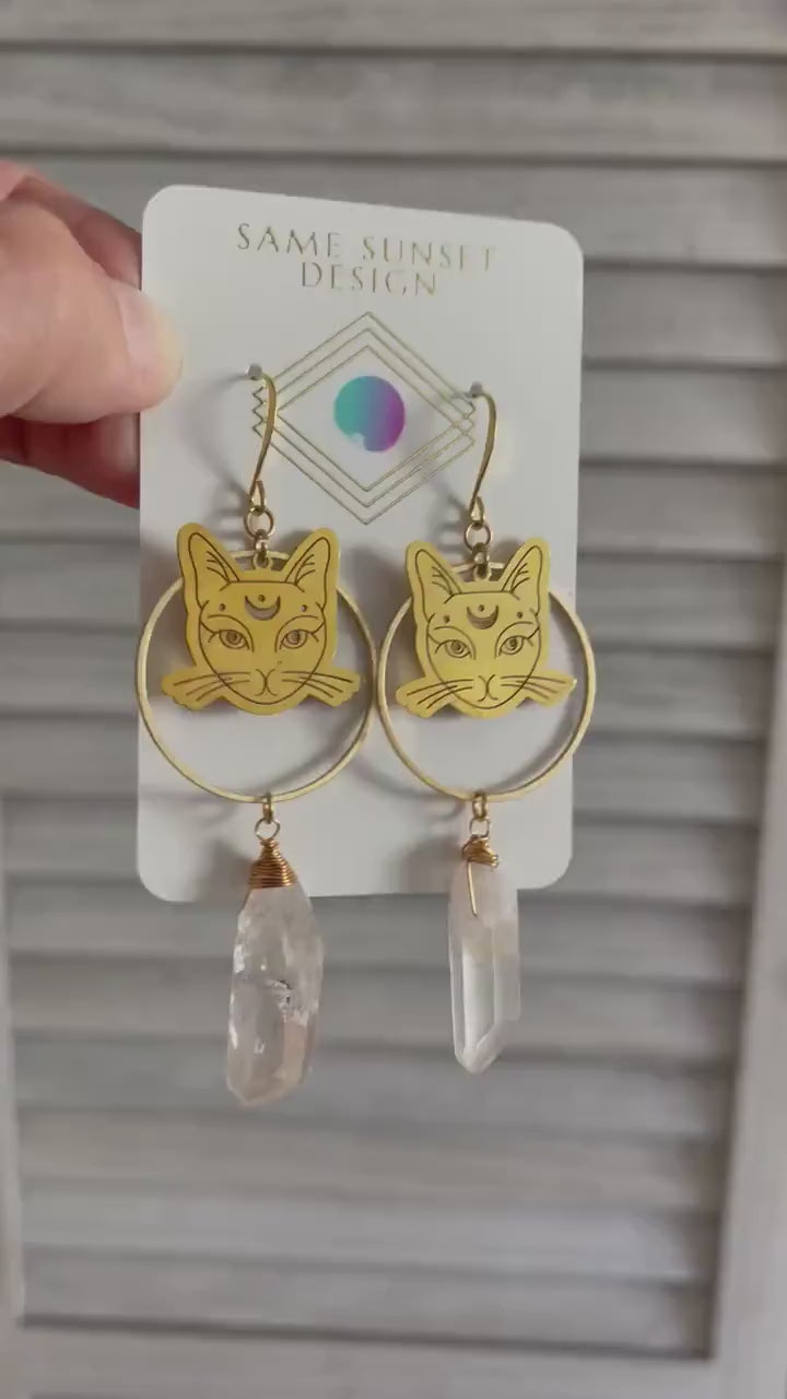 Cat Earrings, Quartz Hoop Earrings, Witchy Earrings, Witchy Gifts for Women, Best Gifts for Aunt, Unique Birthday Gift for Sister in Law