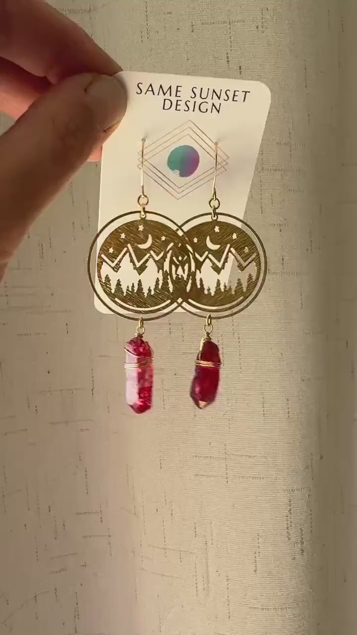Mountain Earrings, Red Quartz Drop Earrings, Quartz Earrings, Celestial Earrings Gold, Corporate Goth, Unique Gifts for Women Birthday