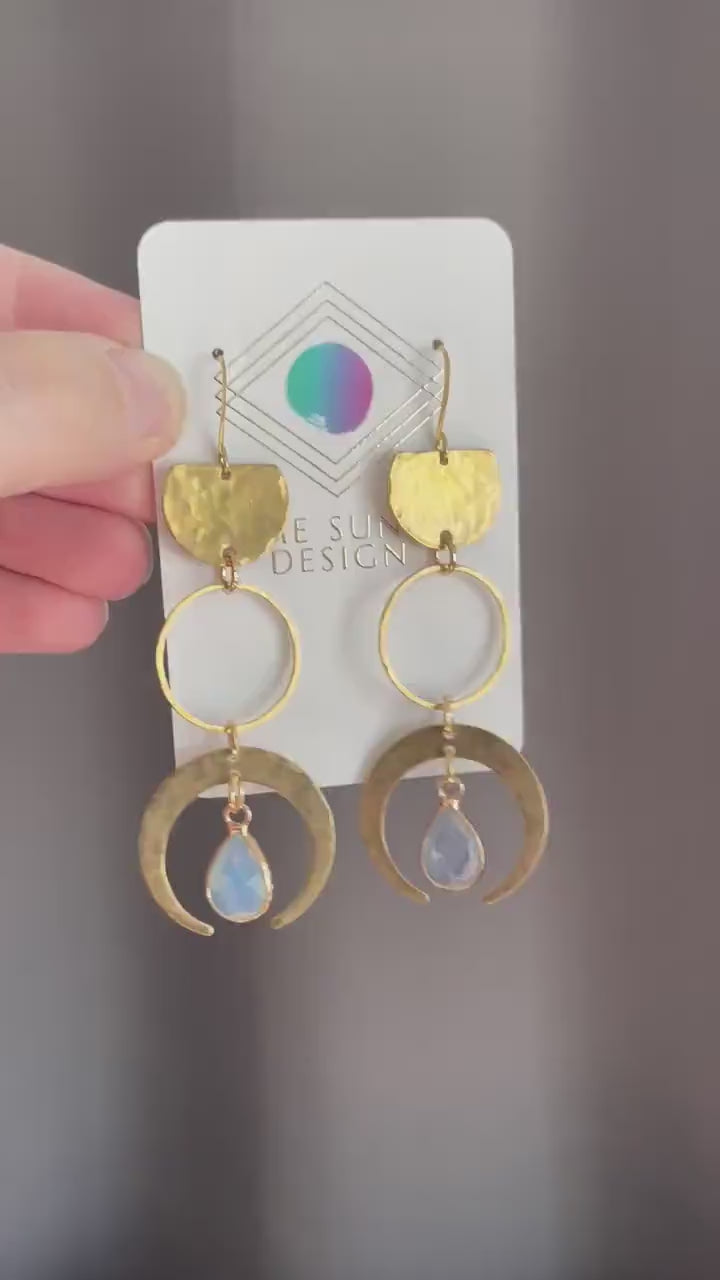 Opalite Earrings, Geometric Brass Earrings, Wanderlust Jewelry, Witchy Jewelry Earrings, Celestial Earrings Dangle, Birthday Gift for Sister