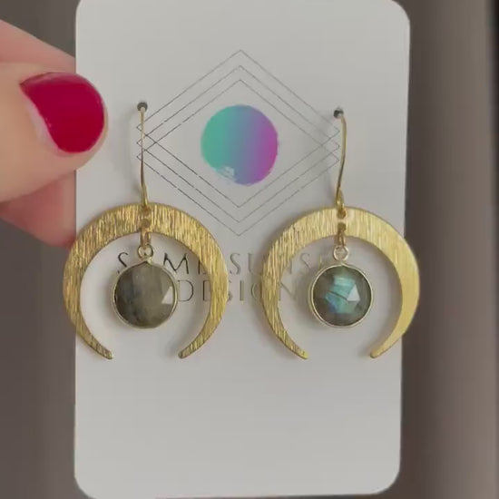Brass Moon Earrings, Labradorite Earrings, Celestial Jewelry, Crescent Moon Earrings, Mothers Day Gift from Daughter, Witchy Gifts for Women