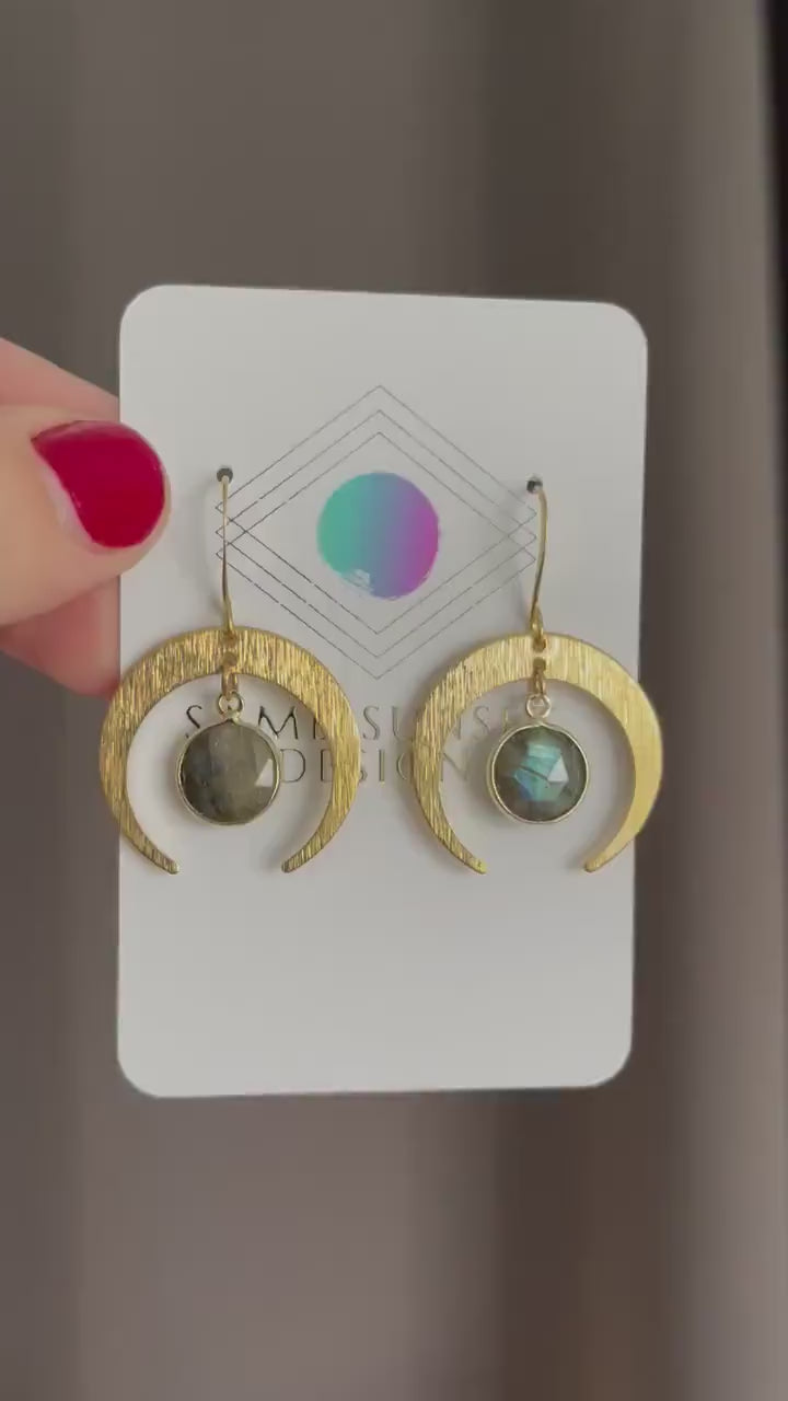Brass Moon Earrings, Labradorite Earrings, Celestial Jewelry, Crescent Moon Earrings, Mothers Day Gift from Daughter, Witchy Gifts for Women